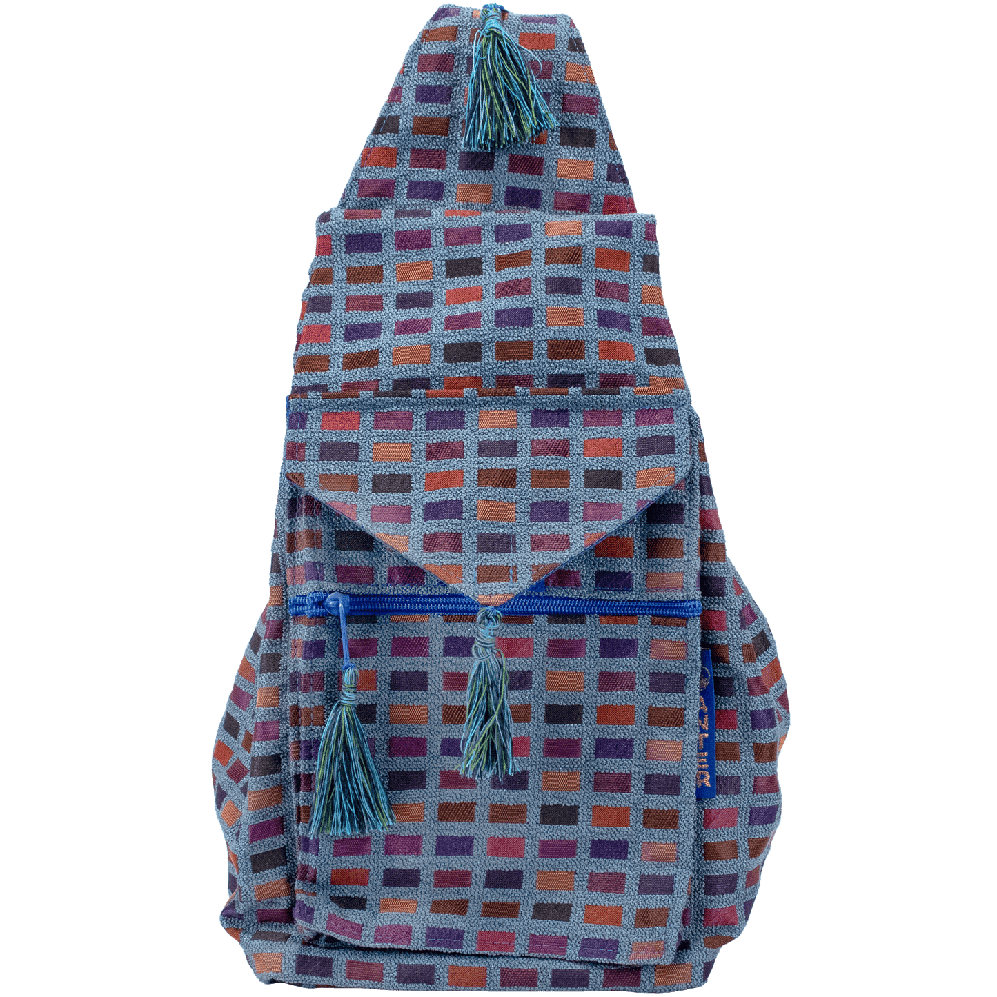 Convertible backpack shoulder bag blue with earthy toned tile pattern