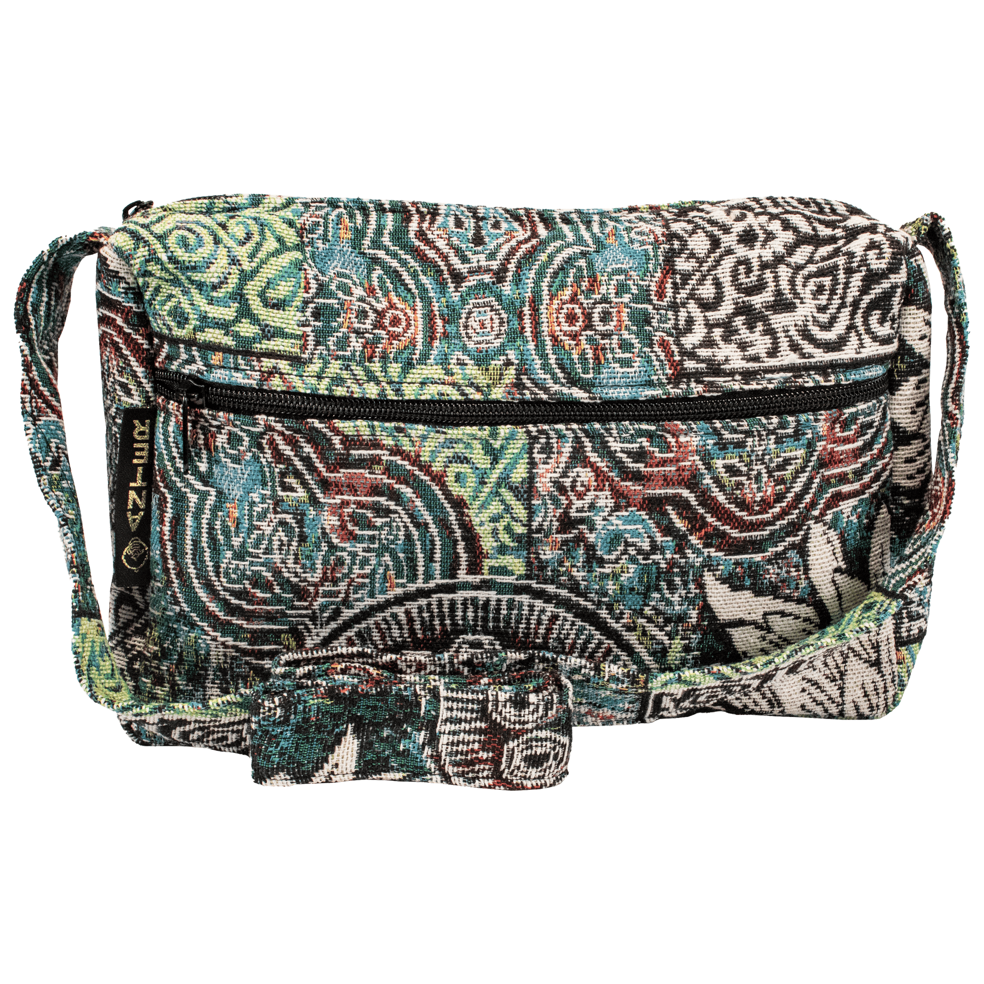 Medium Crossbody or shoulder purse green tones and red with floral and multi-design pattern