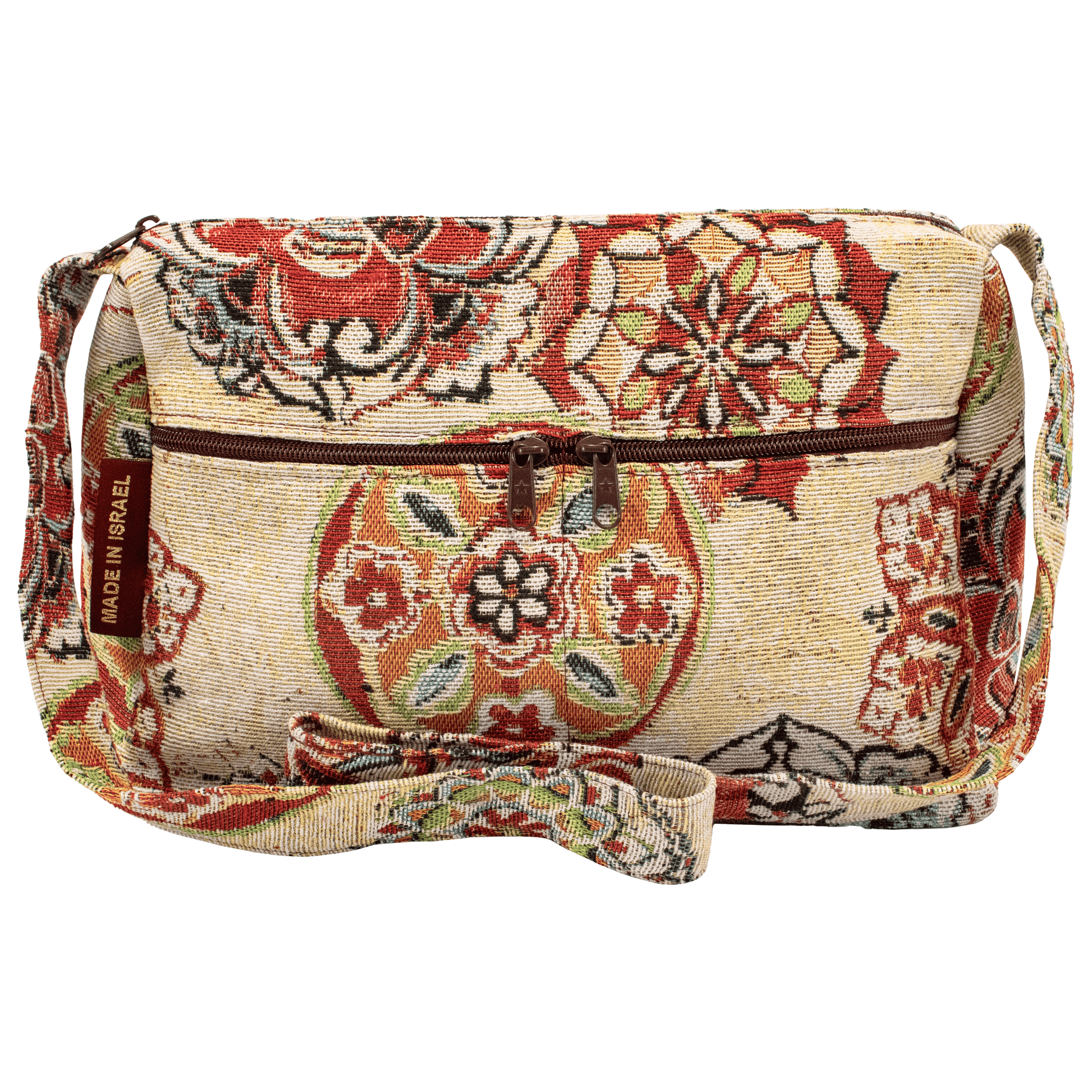 Large crossbody or shoulder bag with red and earthy toned floral pattern