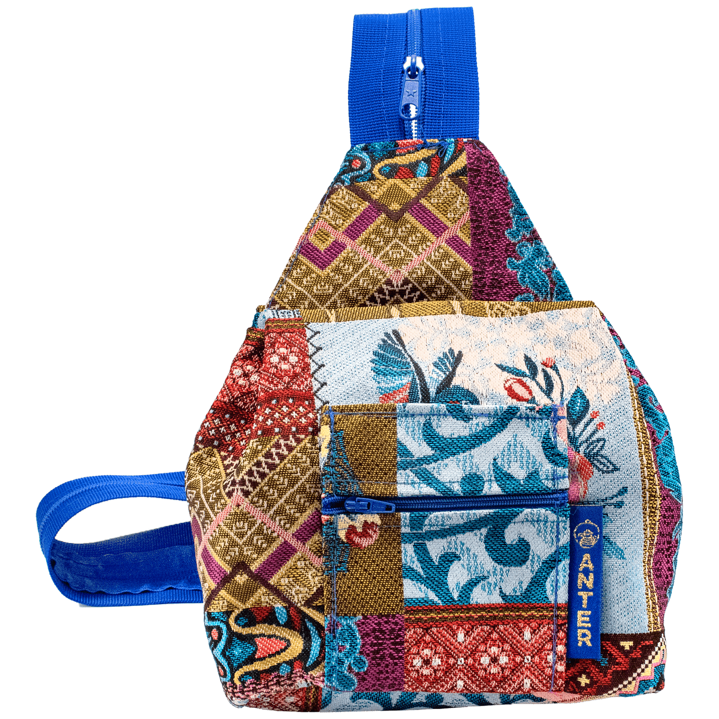 Convertible Backpack to Shoulder bag blue green and red and fuchsia floral patchwork
