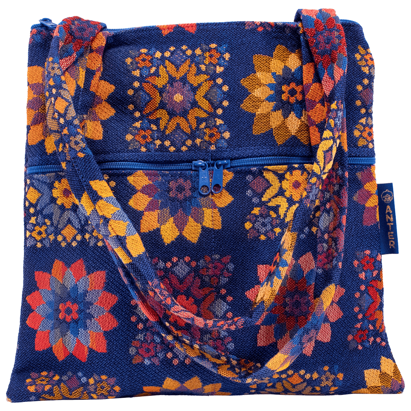 Subtle trapezoid tote purse blue with orange yellow and red floral pattern
