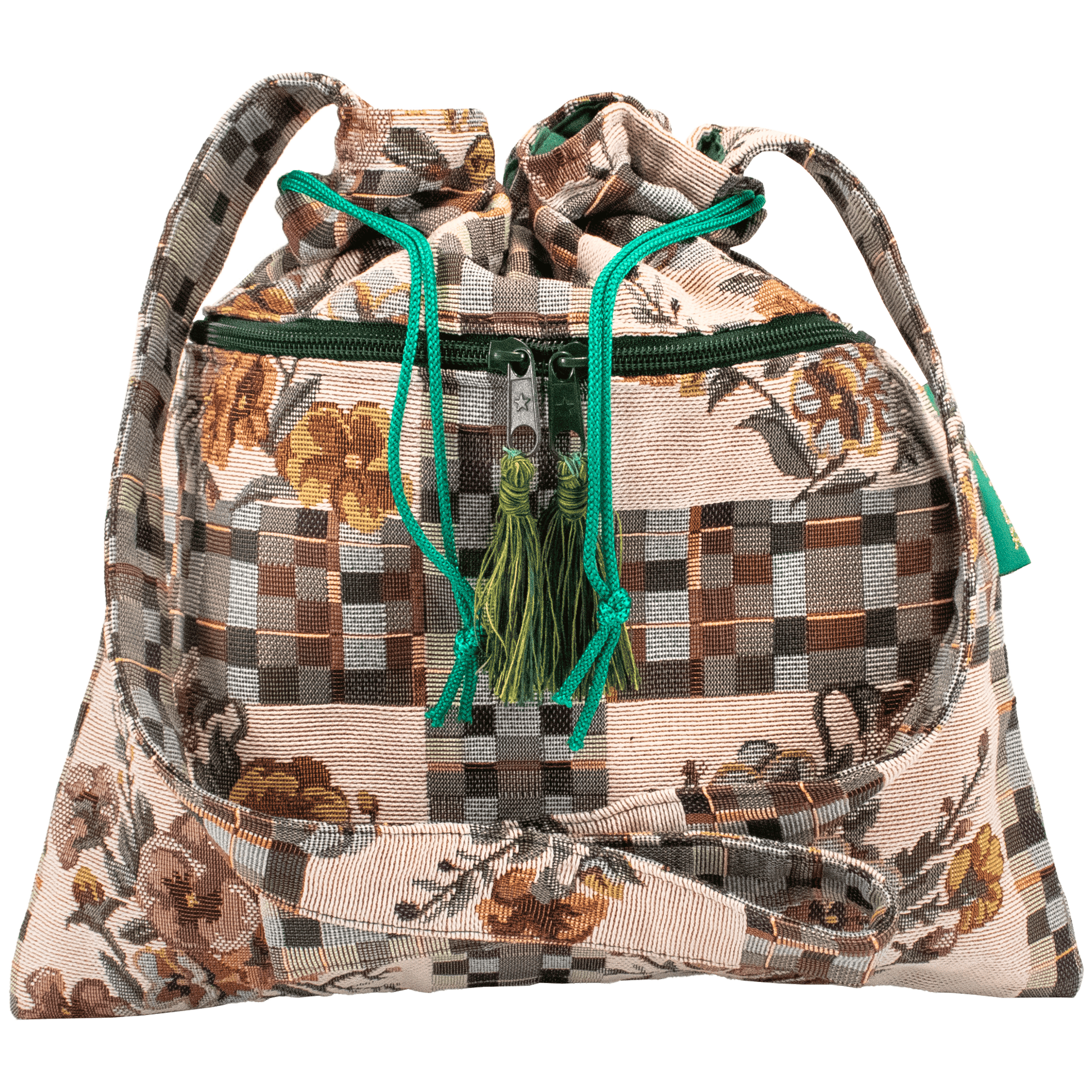 Medium drawstring purse with earthy an green checker and floral pattern