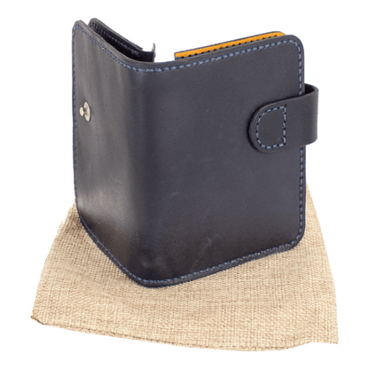 Handcrafted Blue Leather Wallet with Snap Closure & Coin Pocket