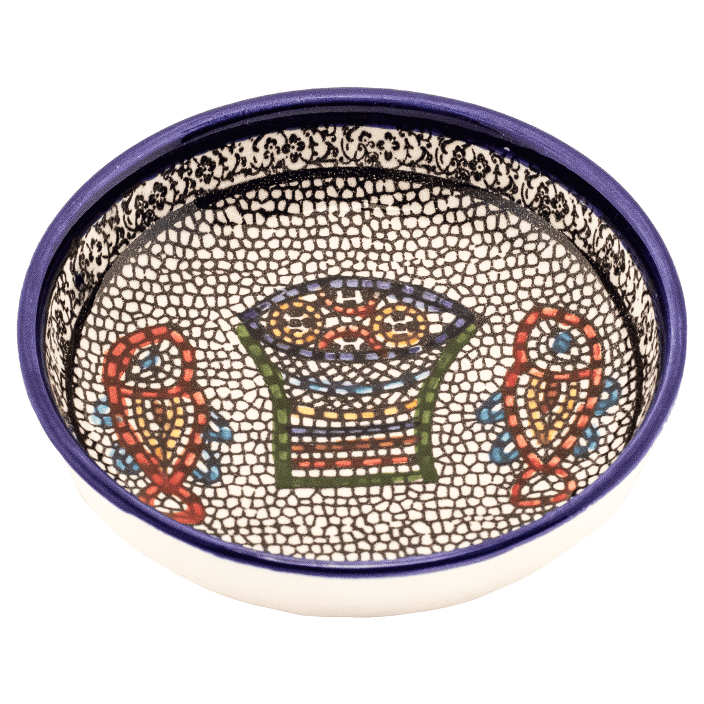 Armenian loves and fish ceramic dipping bowl with lace floral border