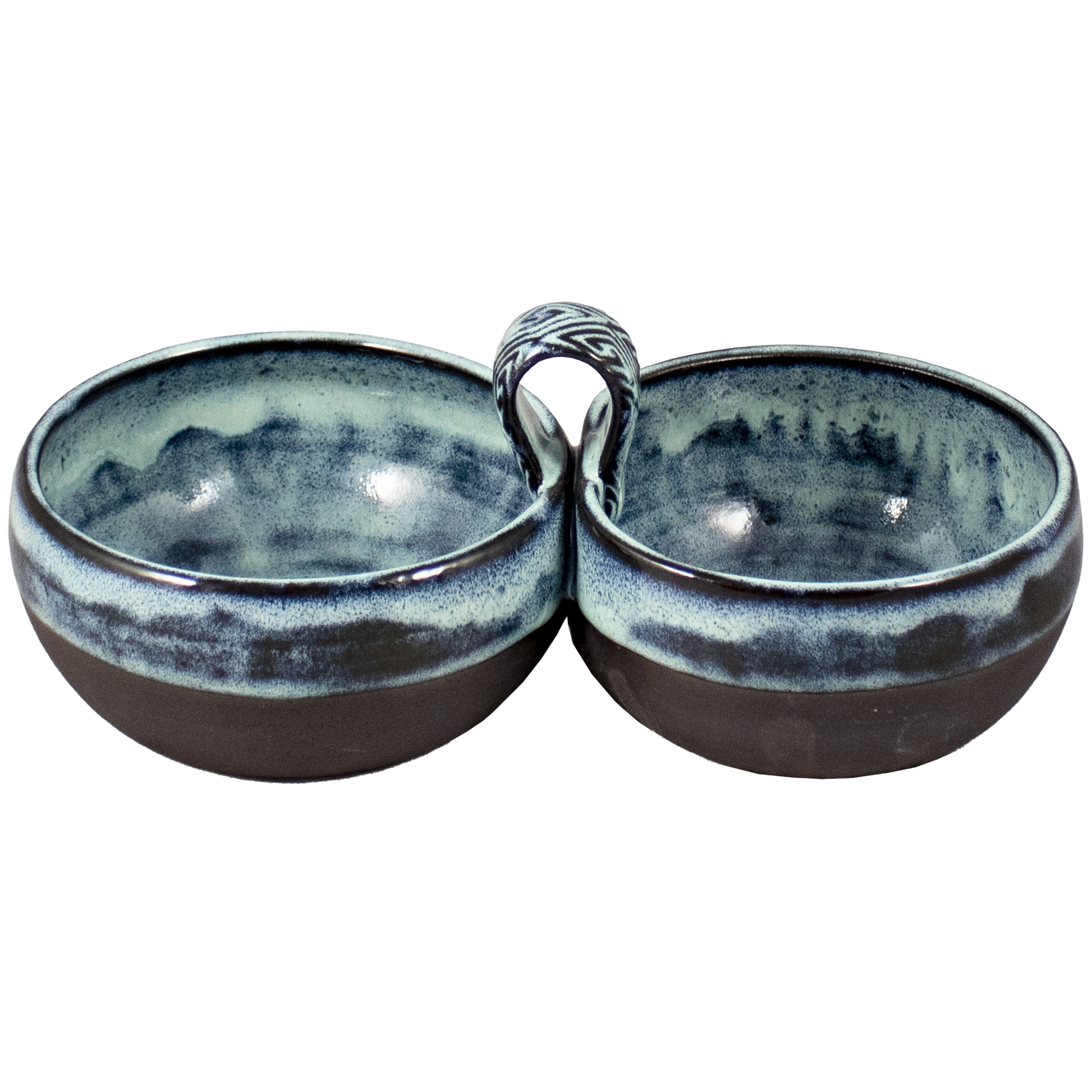 Two blue glazed ceramic bowls with a middle handle great for chips and dip