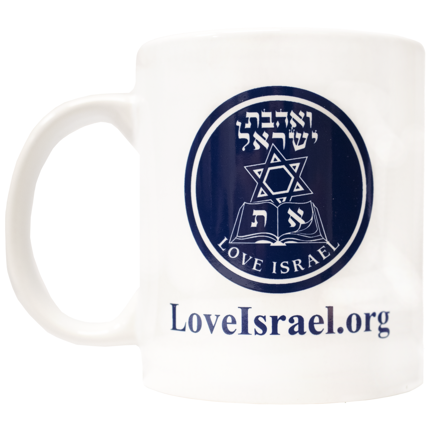 White Standard size mug with navy Love Israel Logo