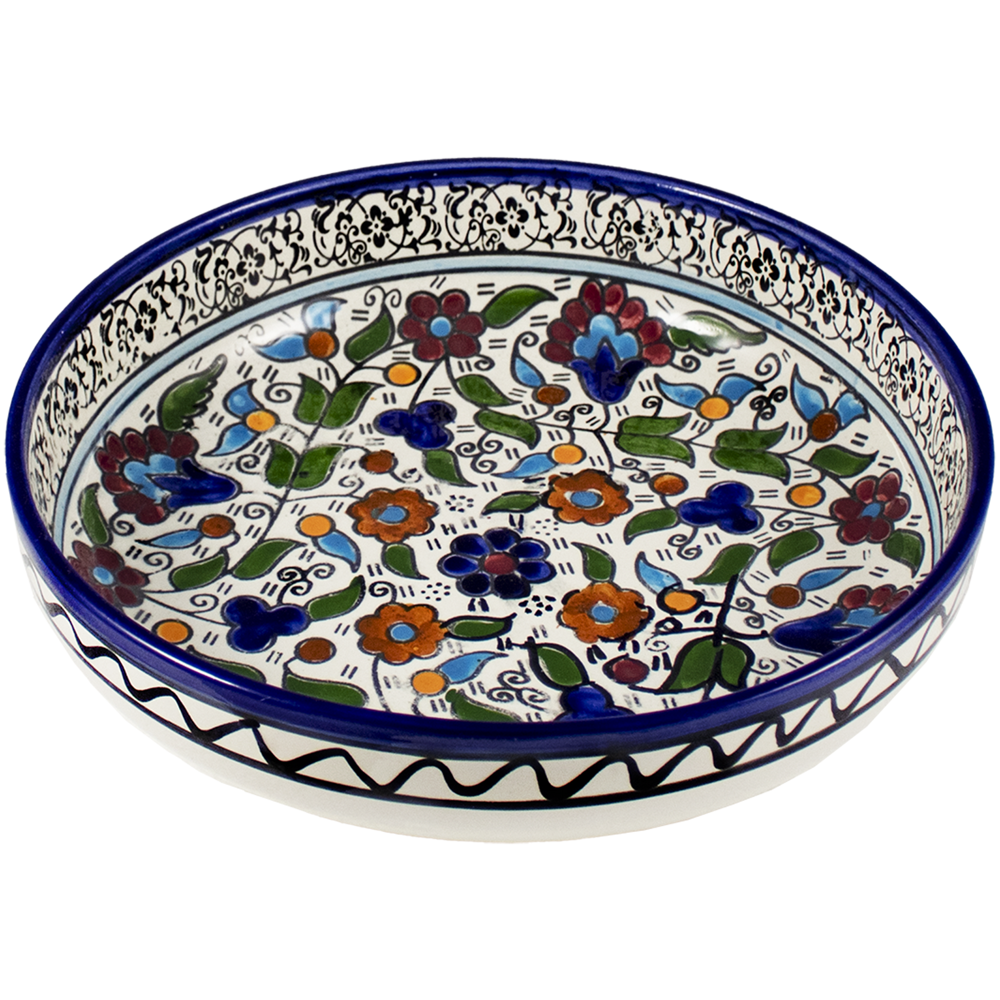 Large Armenian ceramic serving dish with floral pattern and blue rim