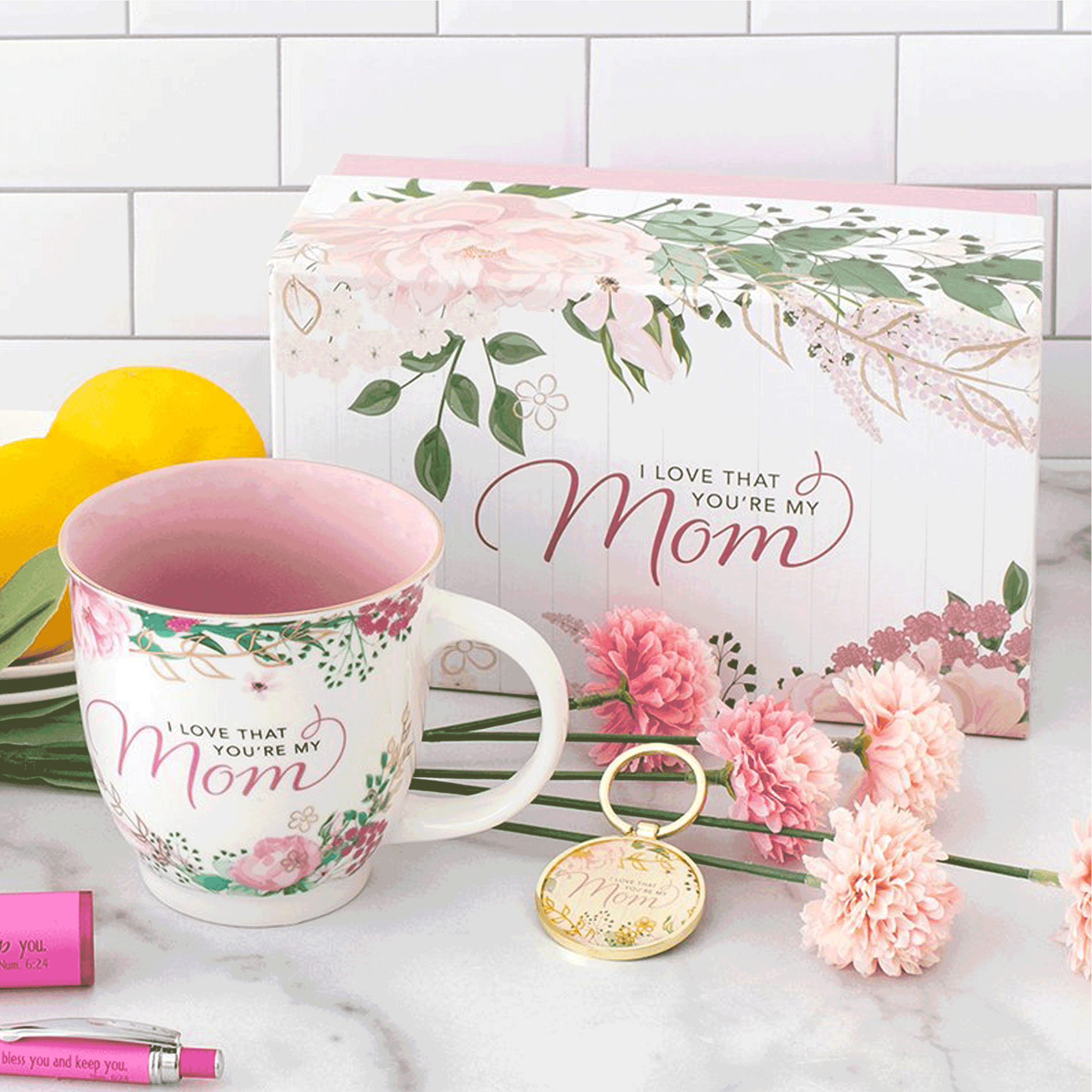 pink floral mug and keychain with pink flowers and gift set box