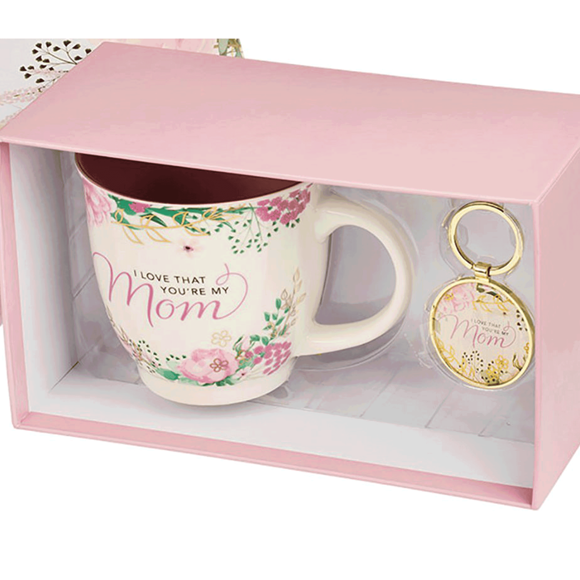 pink floral mug and keychain in pink gift box 