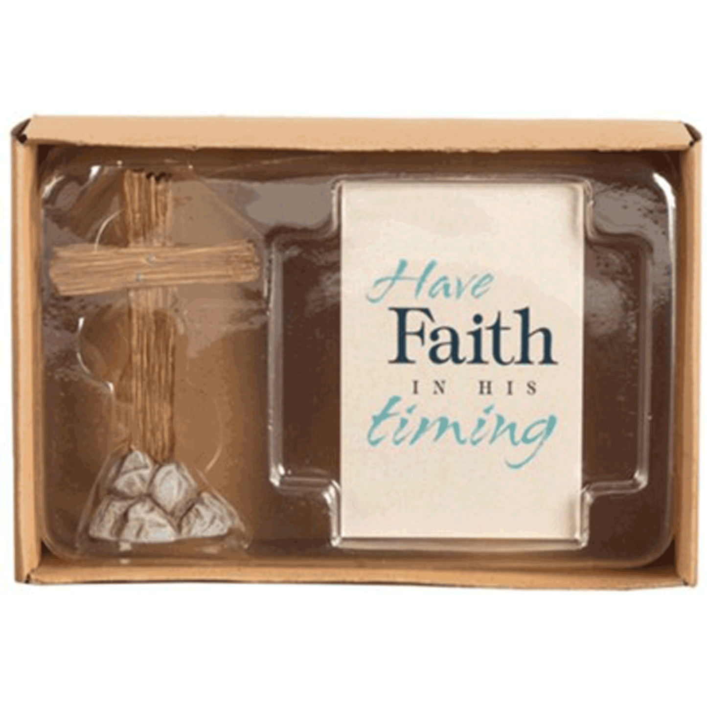 wooden cross with Have faith in his timing notecard