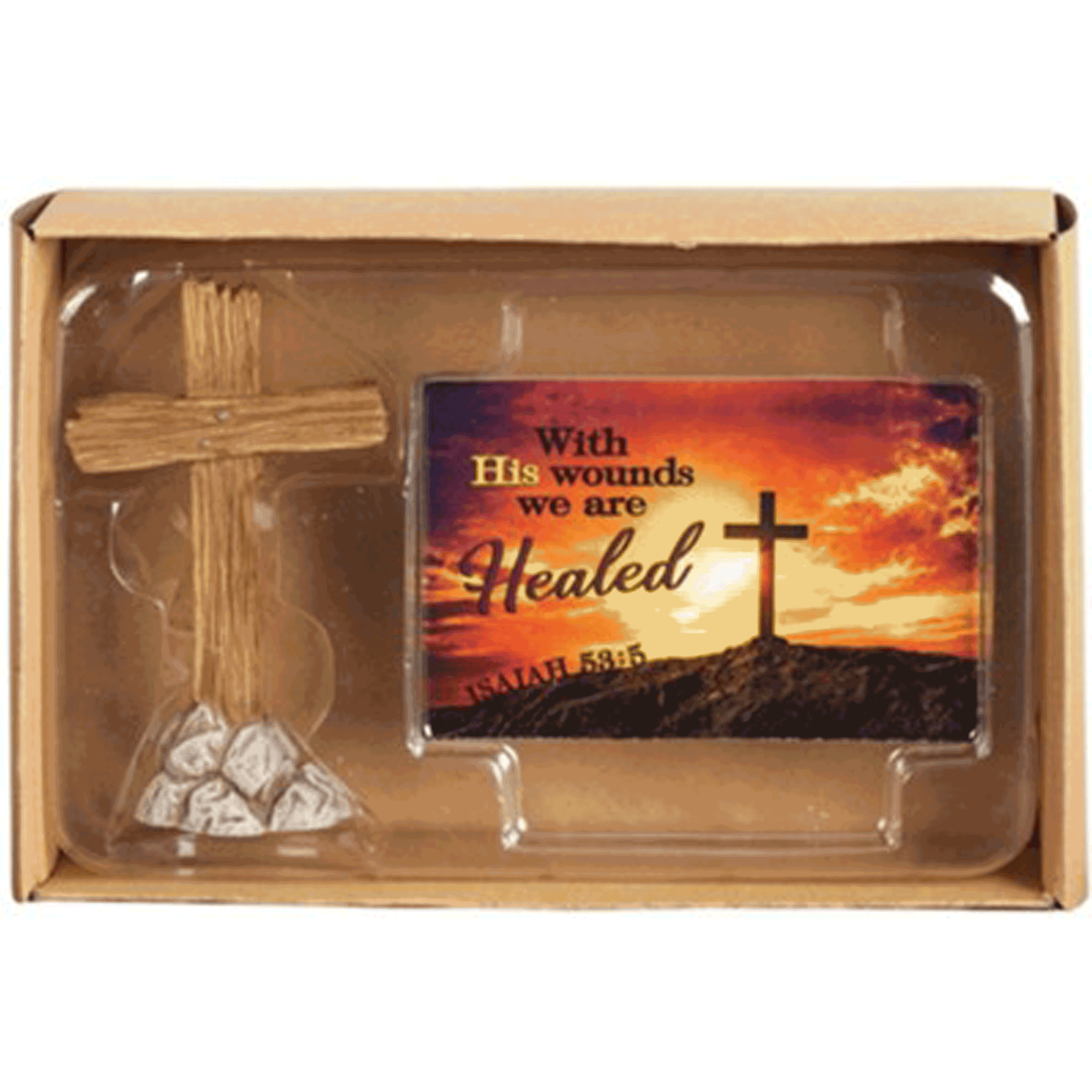 Wooden cross with Isaiah 53:5 notecard 