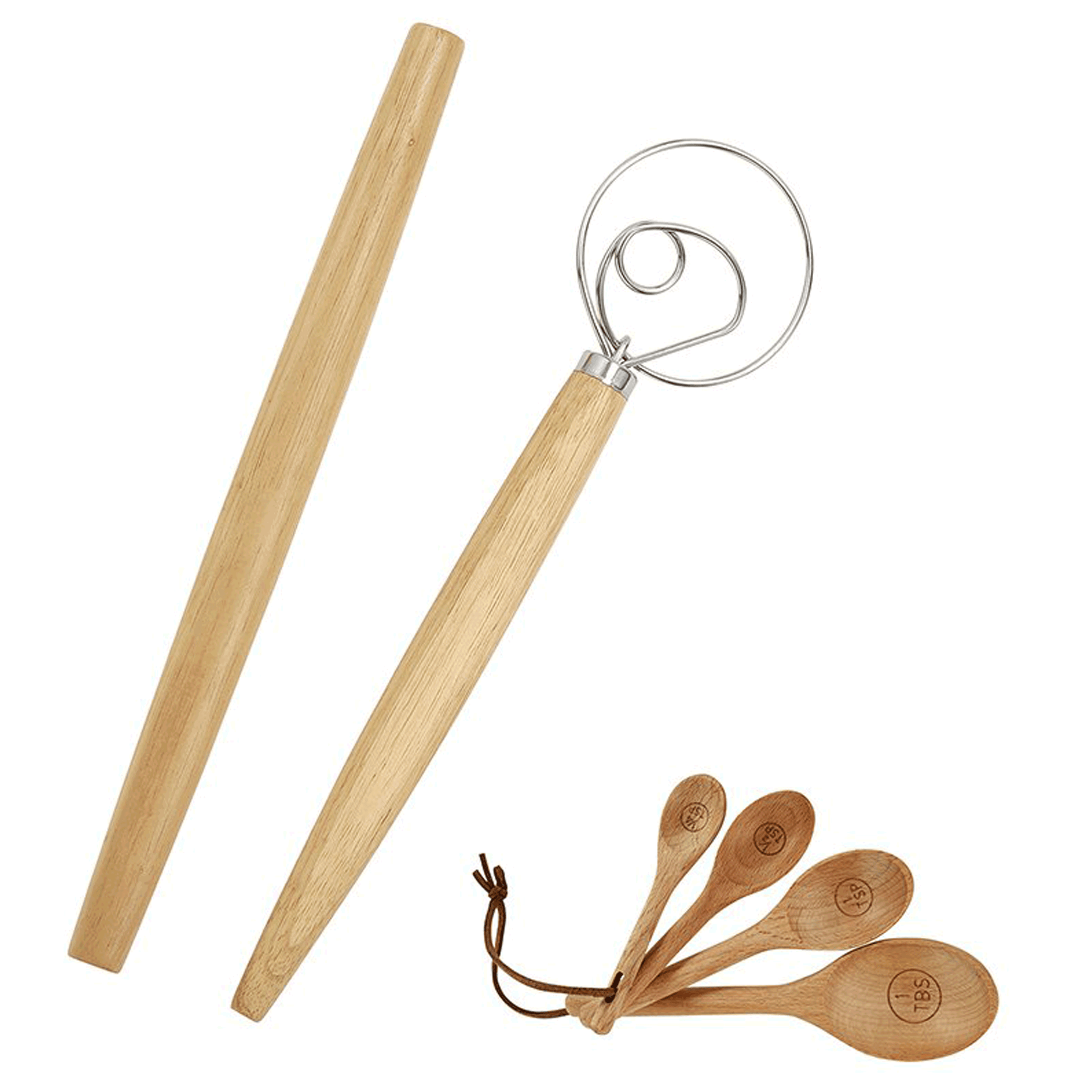 wooden whisk and wooden measuring spoons