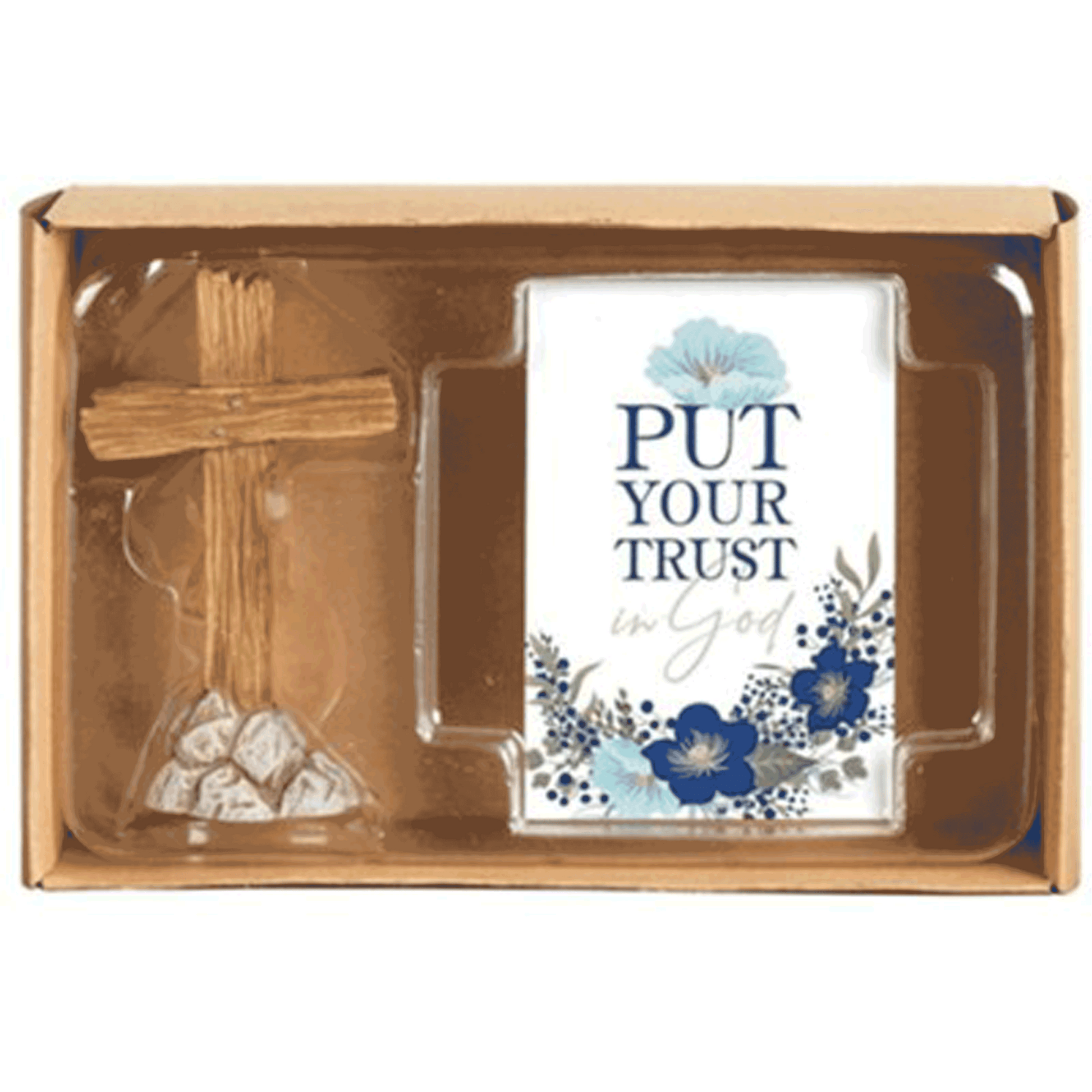 wooden cross with put your trust in god notecard 