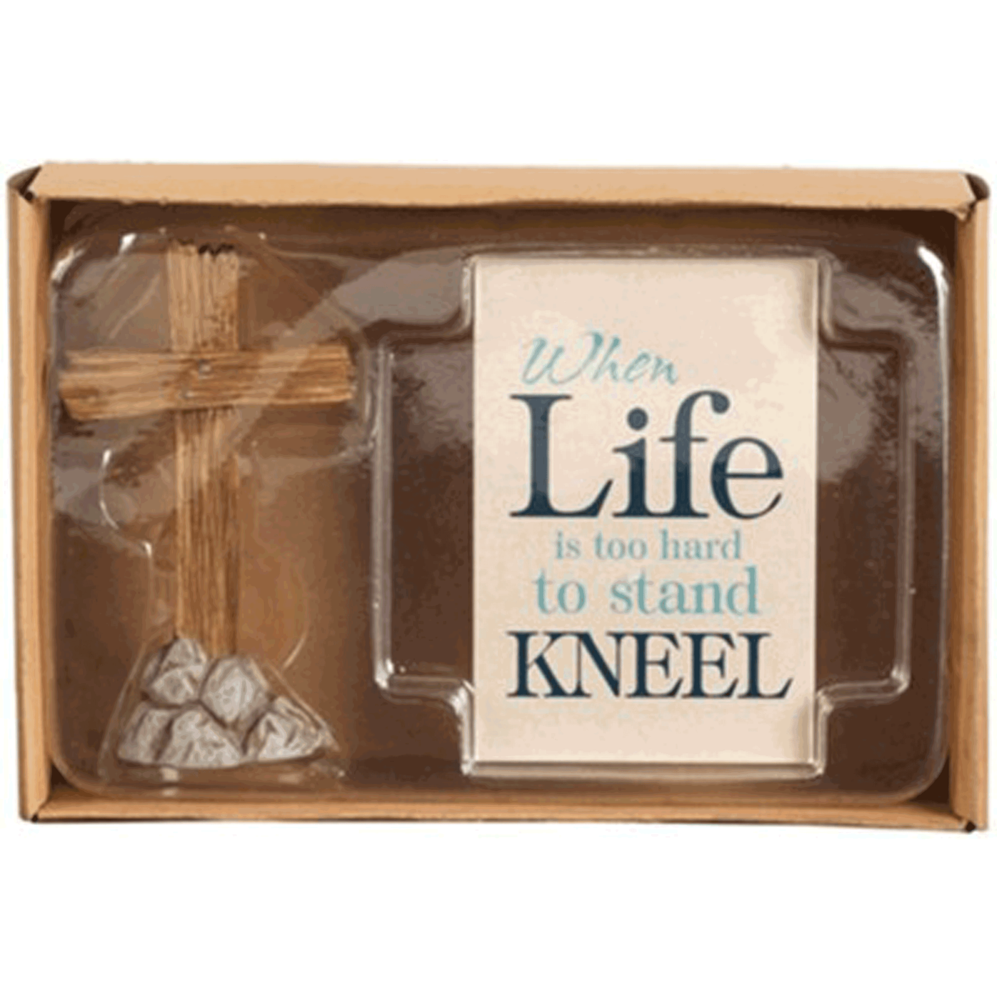 wooden cross with when life is too har to stand kneel notecard