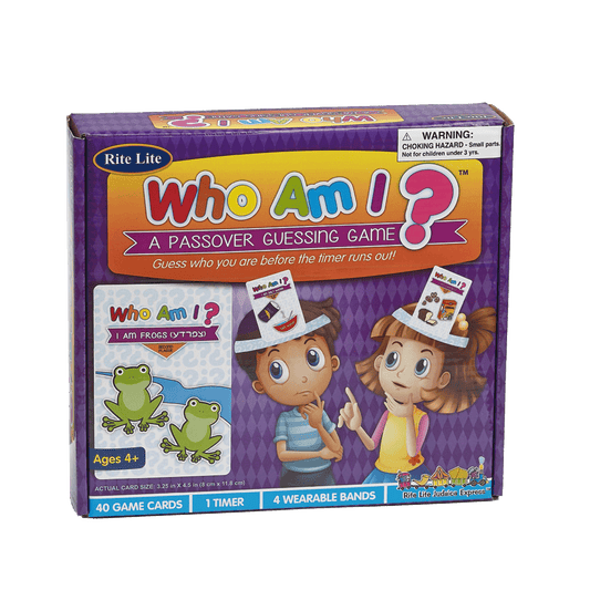 Rite Lite Passover Who Am I Guessing Gae with two children playing the game on cover 