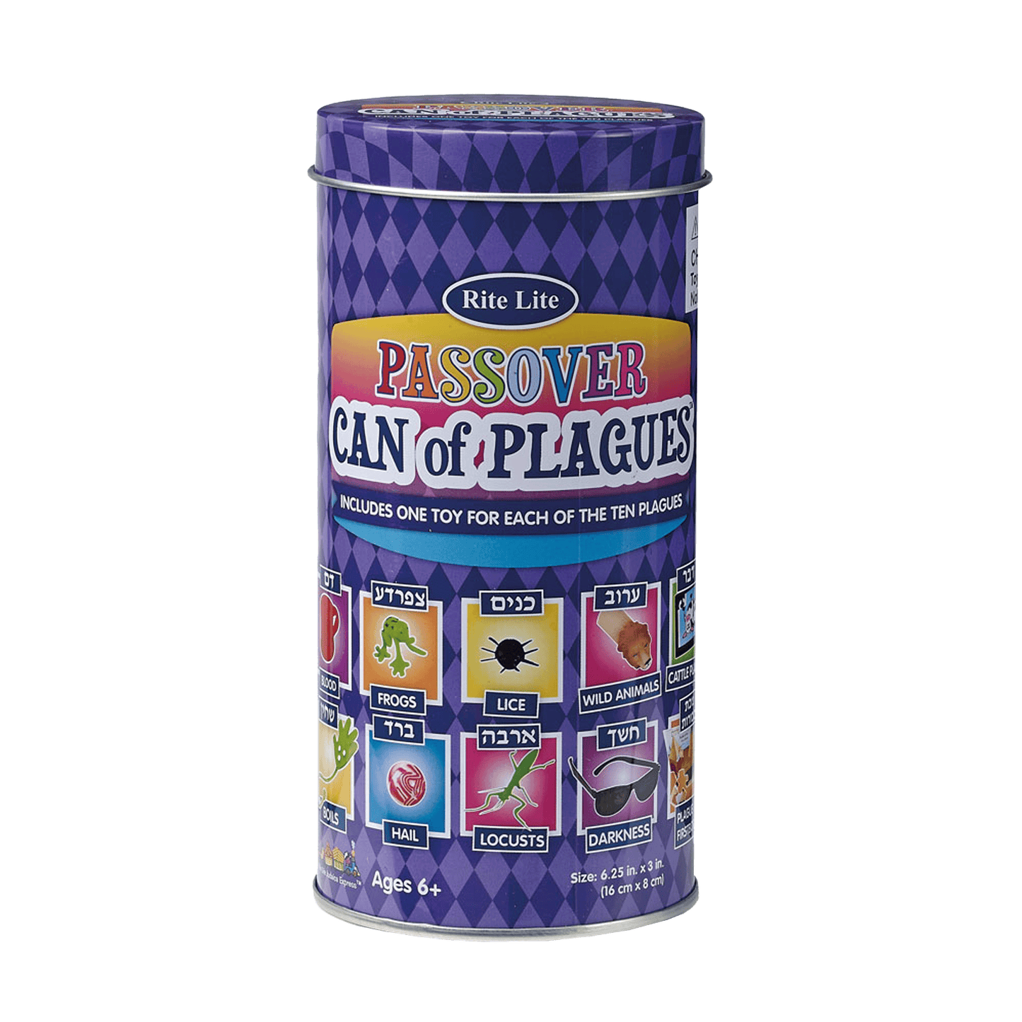 Rite Lite Passover Can of Plagues game with biblical plague toys inside