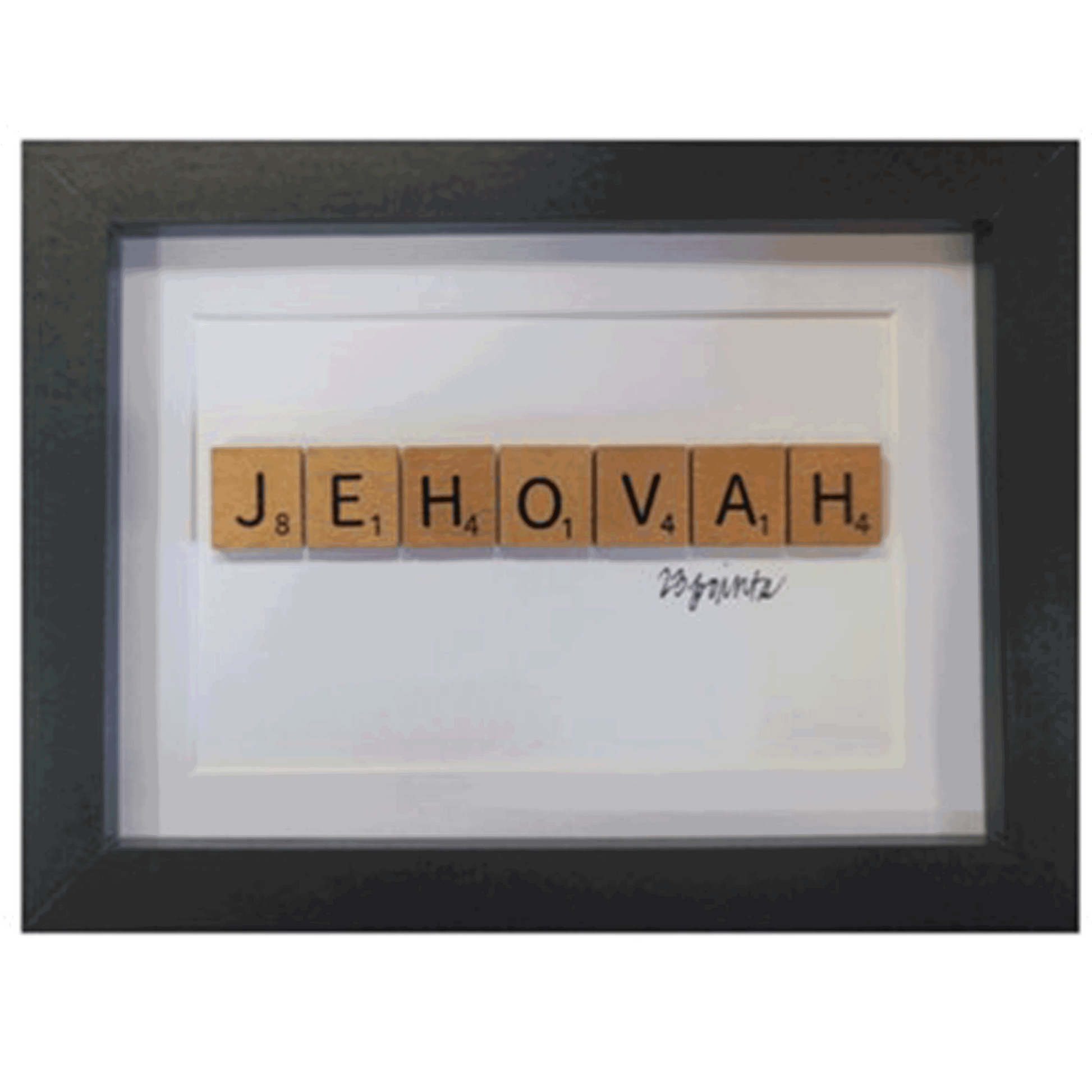 Jehovah spelled out in scrabble letters in black frame 