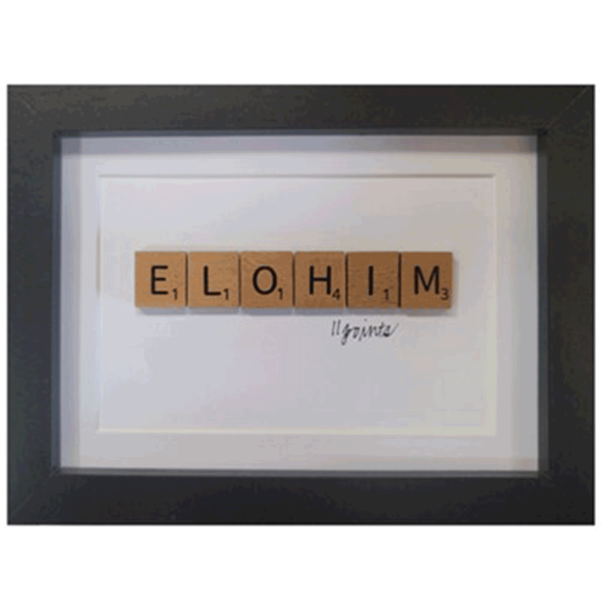 Elohim spelled out in scrabble letters with black frame 
