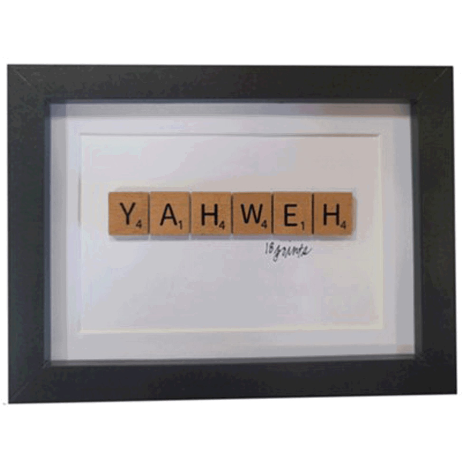 Yahweh spelled out in scrabble letters with black frame 