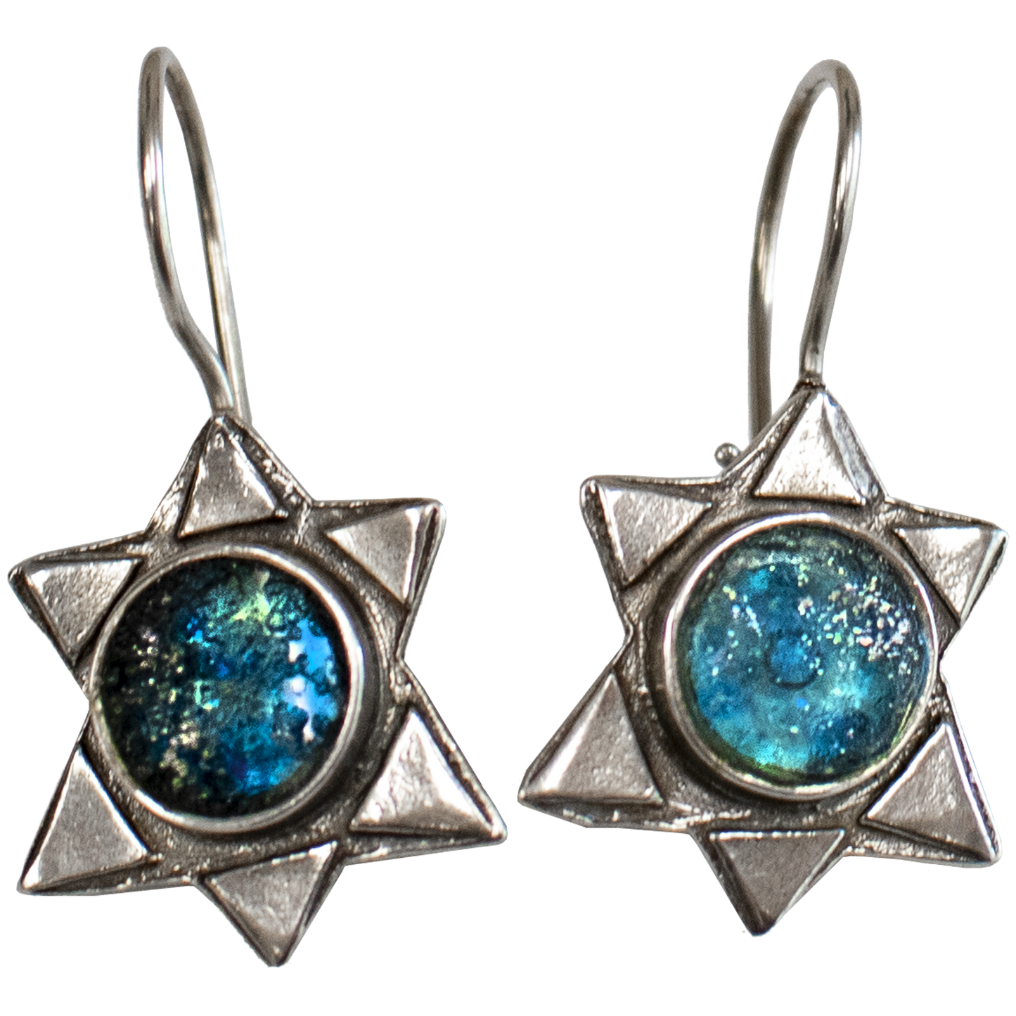 Sterling Silver Blue Green Glass Star of David Earrings