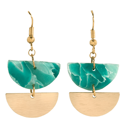 Turquoise Clay half-moon and gold half-moon disc double dangle earrings