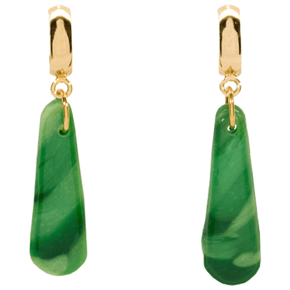 Handcrafted emerald green teardrop earrings made of marbled polymer clay with gold hardware