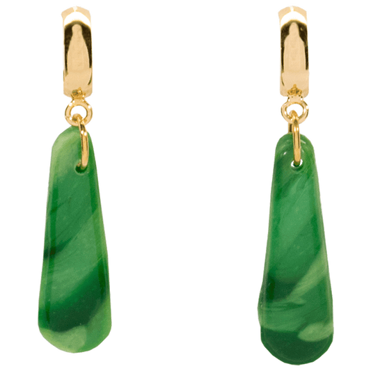 Handcrafted emerald green teardrop earrings made of marbled polymer clay with gold hardware