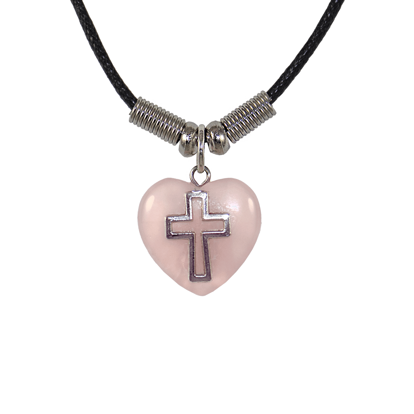 Pink Girasol Quartz Heart Necklace with Decorative Cross