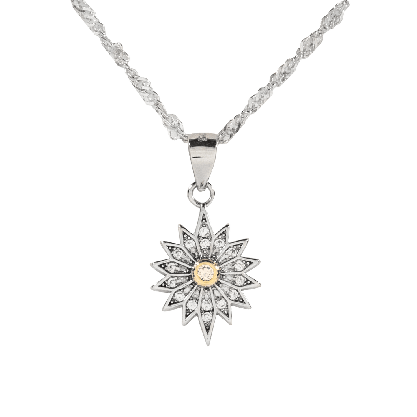 Bethlehem Star Necklace with crystals and golden inner circle on sterling silver rope chain
