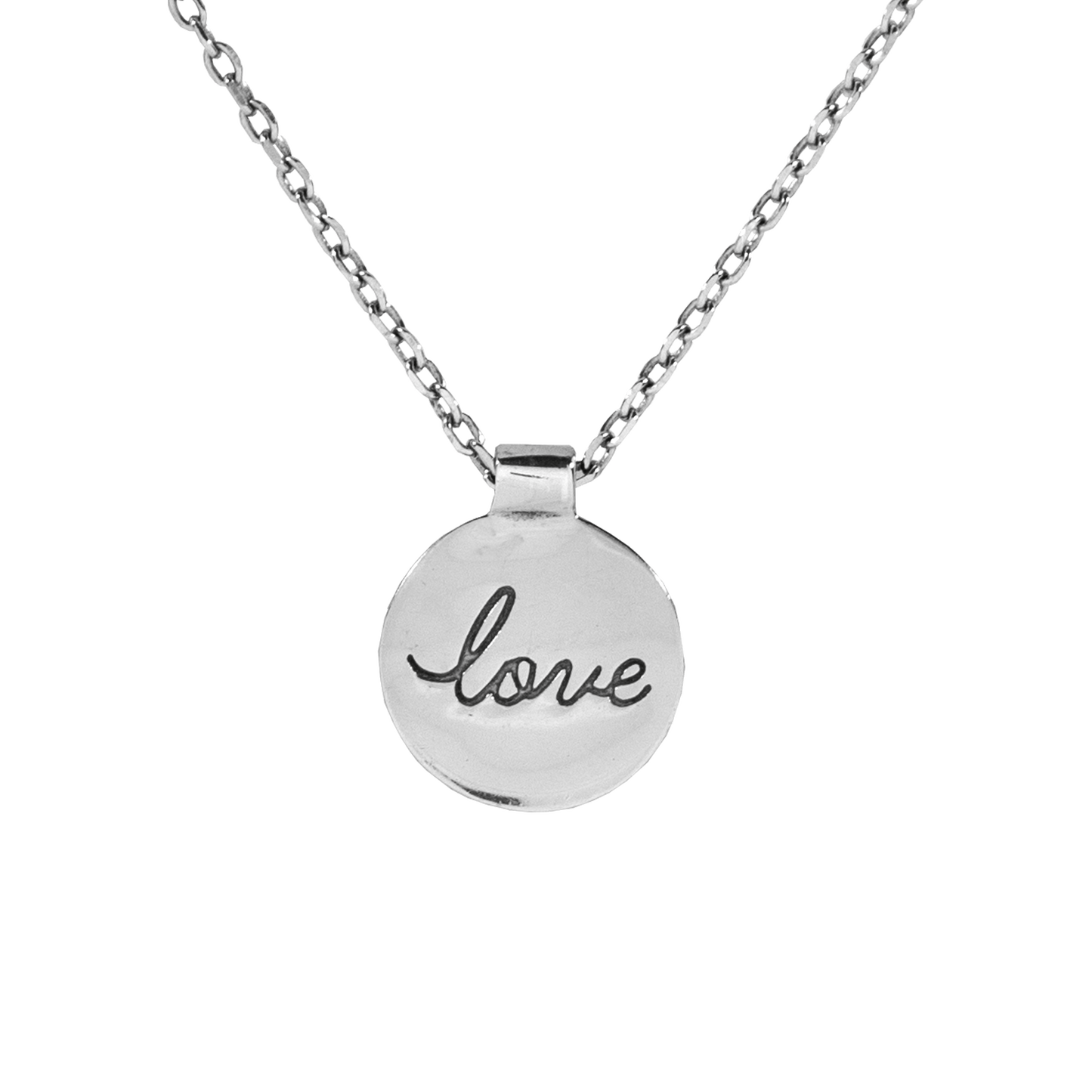 Sterling Silver disc pendant with cursive "Love" written in the middle on sterling silver chain.