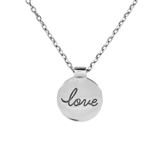 Sterling Silver disc pendant with cursive "Love" written in the middle on sterling silver chain.