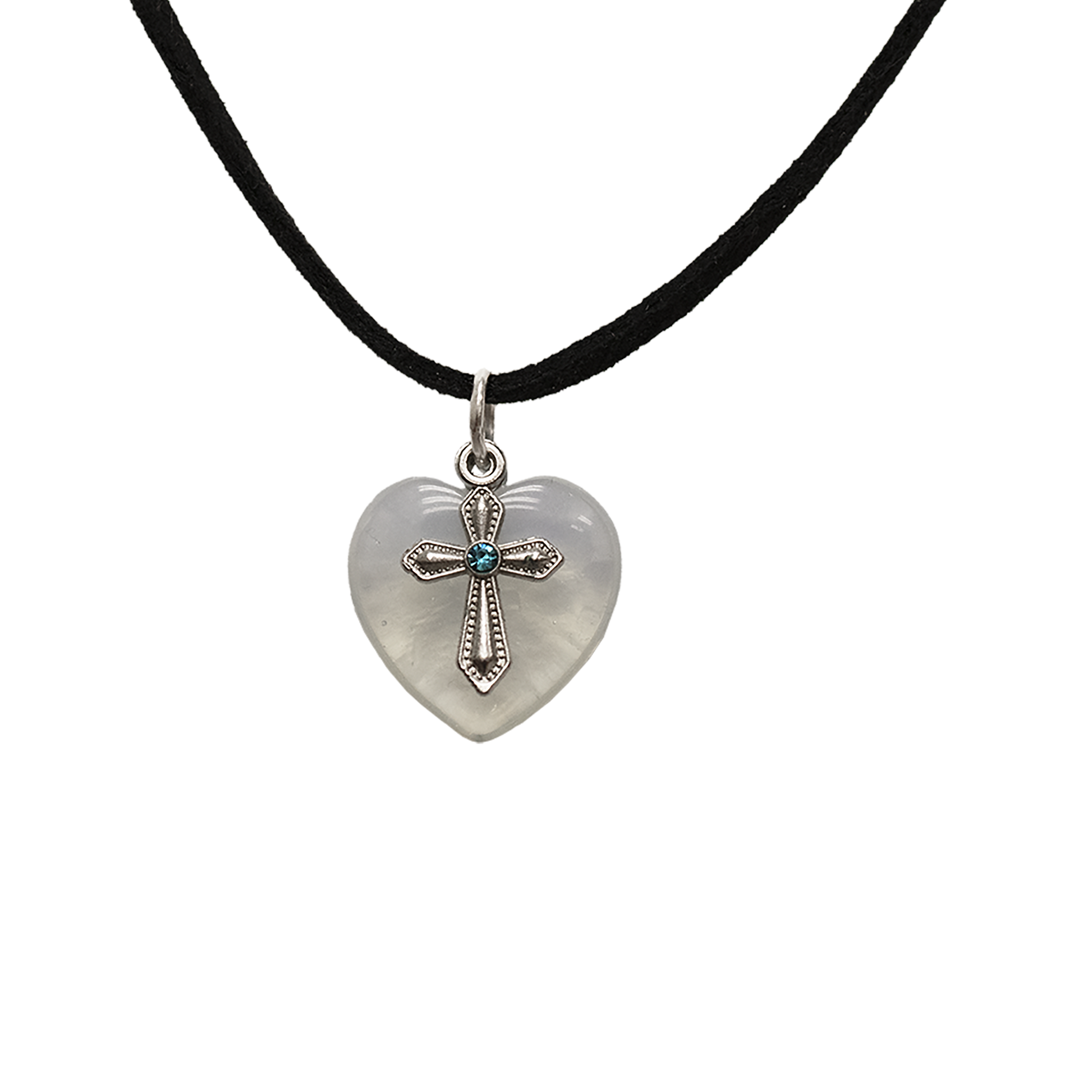 Polished Girasol Quartz Heart with decorative cross pendant on a black cord 