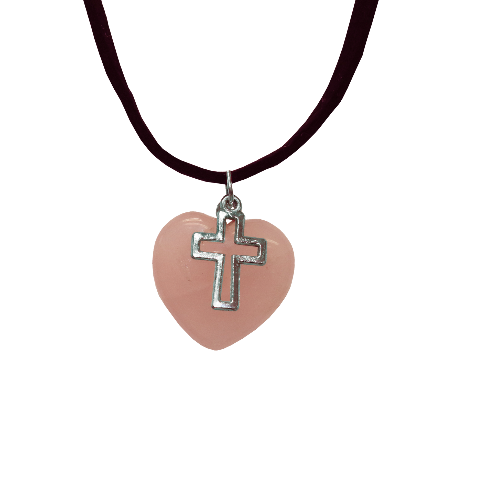 Rose Quartz heart with Cross pendant on black adjustable cord necklace