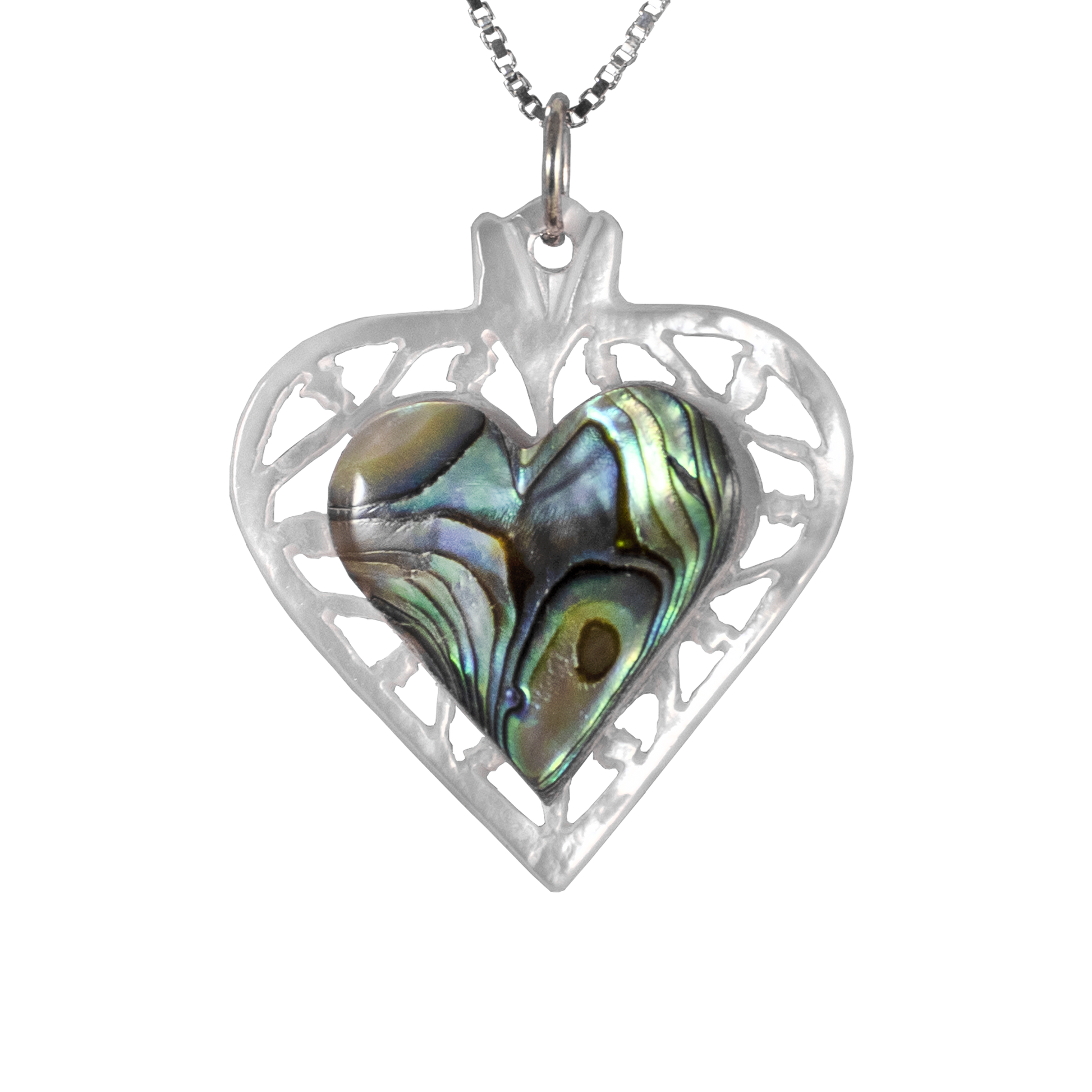 Heart Mother of Pearl with Abalone Heart in Center on sterling silver chain