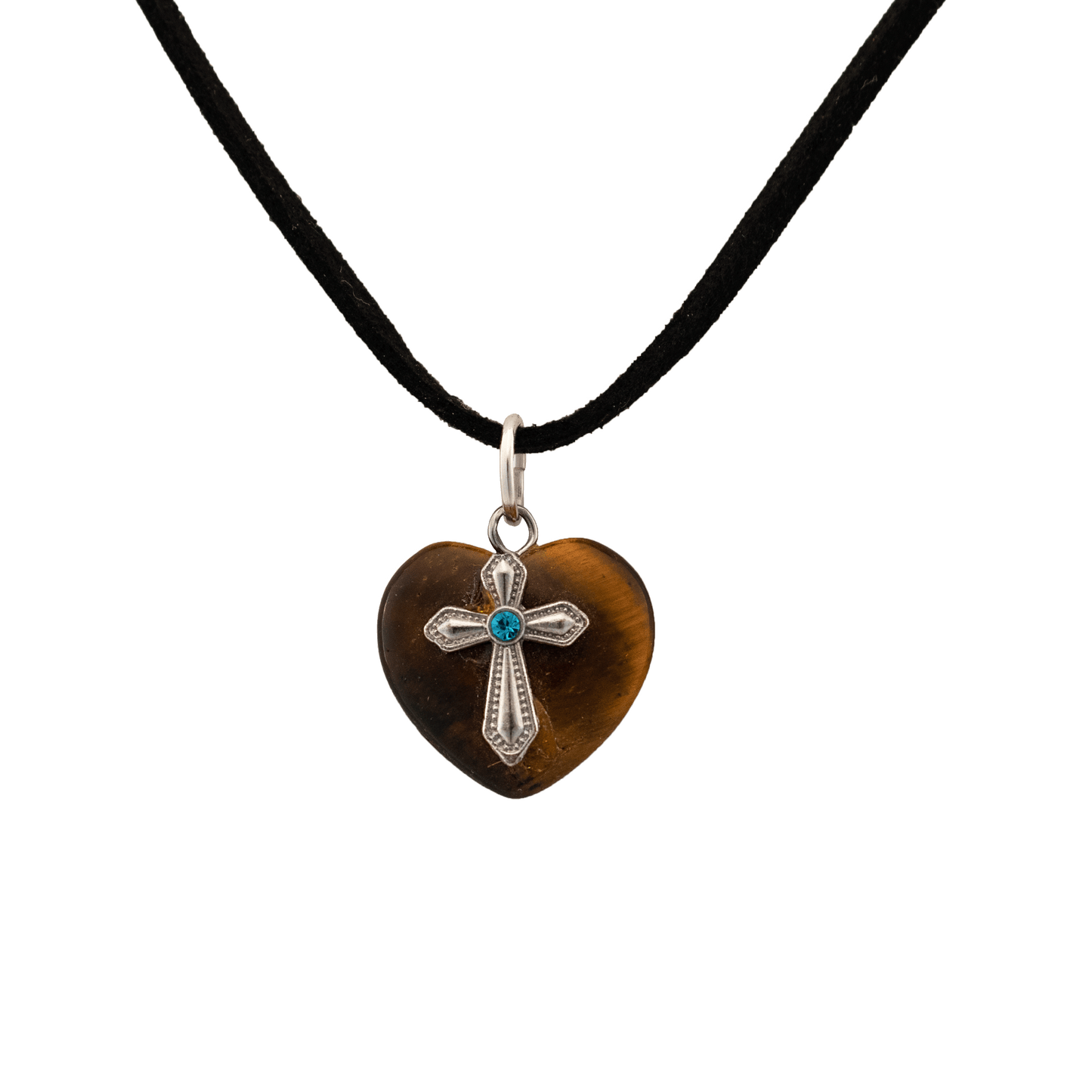 Heart Tigers Eye pendant with silver cross centered on it with blue jewel on a black cord