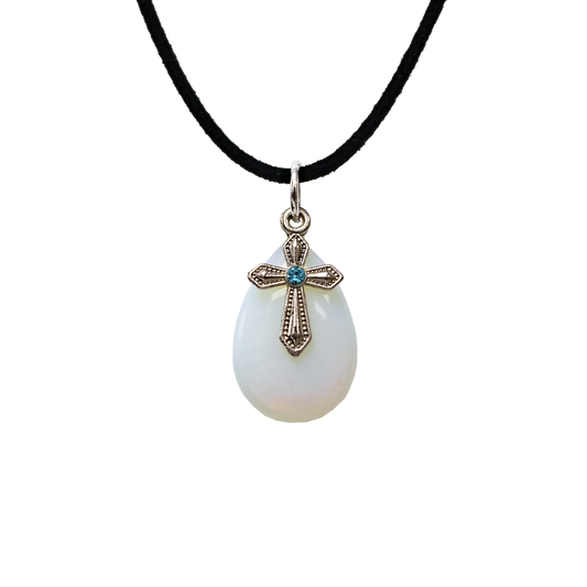 Milky iridescent Girasol Quartz tear drop pendant with a decorative cross pensant layered on top with a Suede Cord 