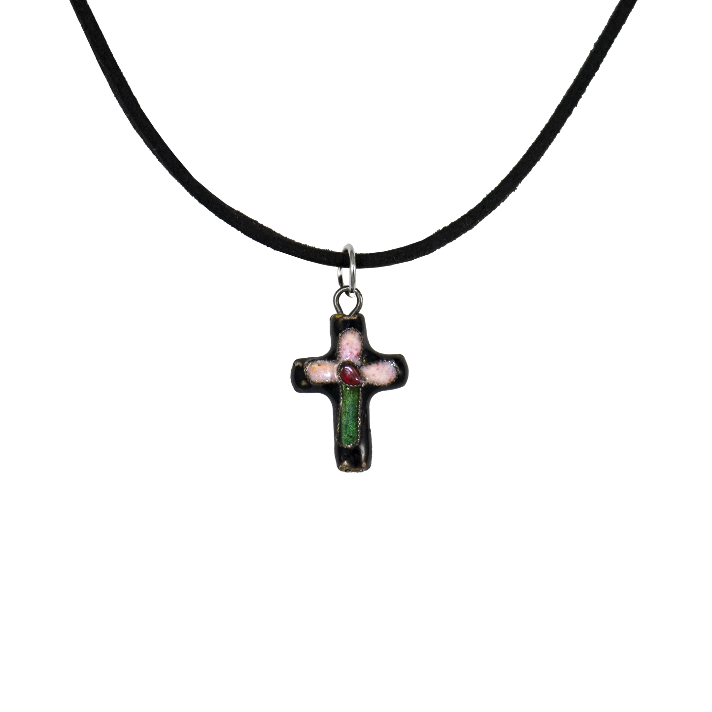 Black Cross Pendant with Pink Petal like coloring on top portion and green Stem on the bottom and red center on a Suede Cord