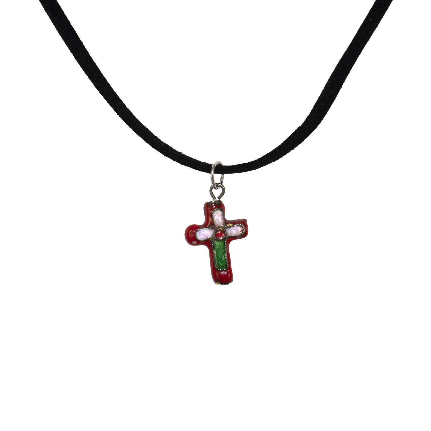 Red cross pendant with pink petal design on the top and green stem on the bottom and red center on a suede cord