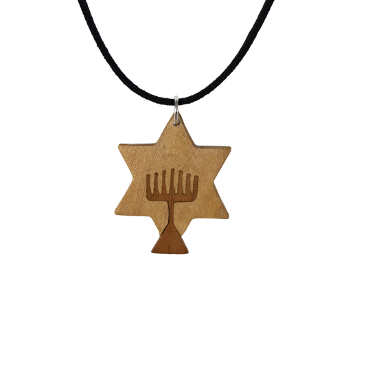 Solid wooden Star of David with wooden Menorah imbedded  on a black Suede cord