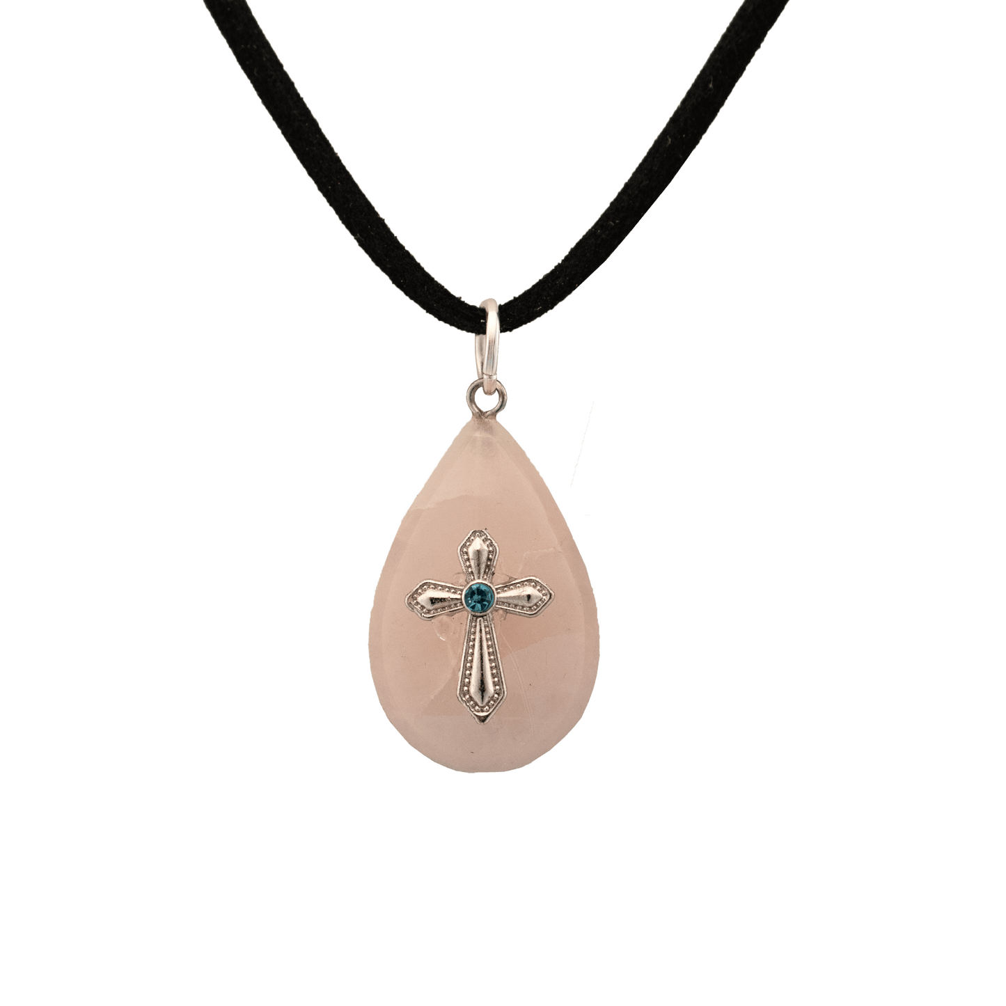 Teardrop Rose Quartz pendant with silver cross centered in it and blue jewel on a black cord