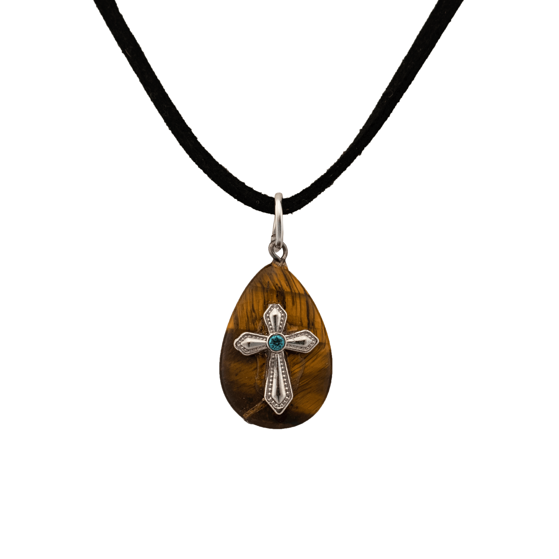 Teardrop Tigers Eye pendant with silver cross centered on it and blue jewel on a black cord