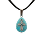 Teardrop Turquoise Howlite pendant with silver cross centered on it and blue jewel on a black cord