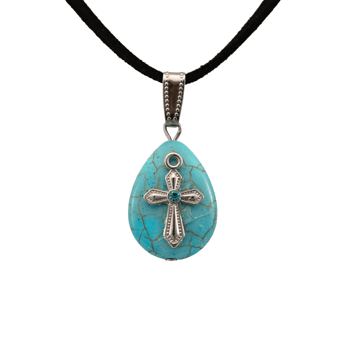 Teardrop Turquoise Howlite pendant with silver cross centered on it and blue jewel on a black cord