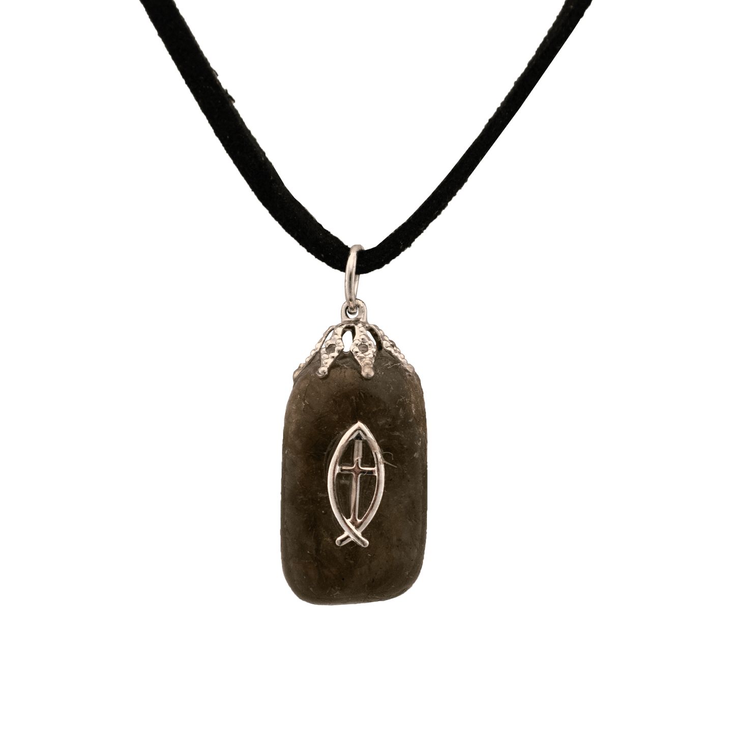Agate rectangle pendant with Ichthus symbol in the center on a black cord