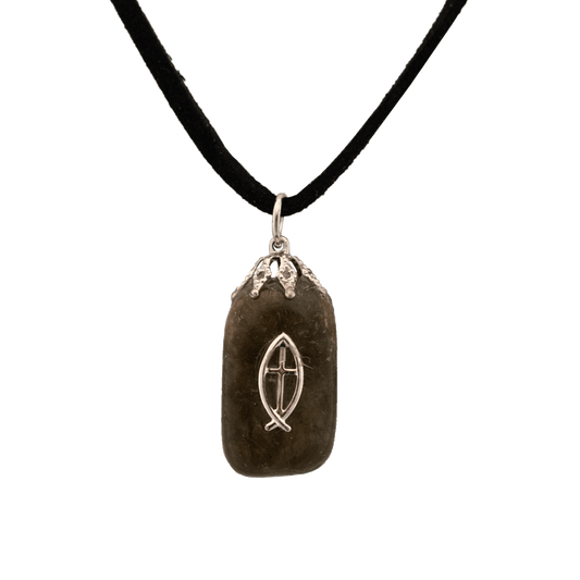 Agate rectangle pendant with Ichthus symbol in the center on a black cord