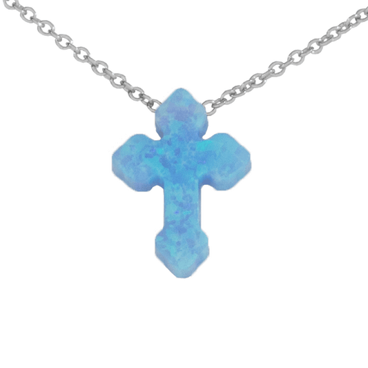 Opal Cross with rounded beveled end points on a sterling silver chain