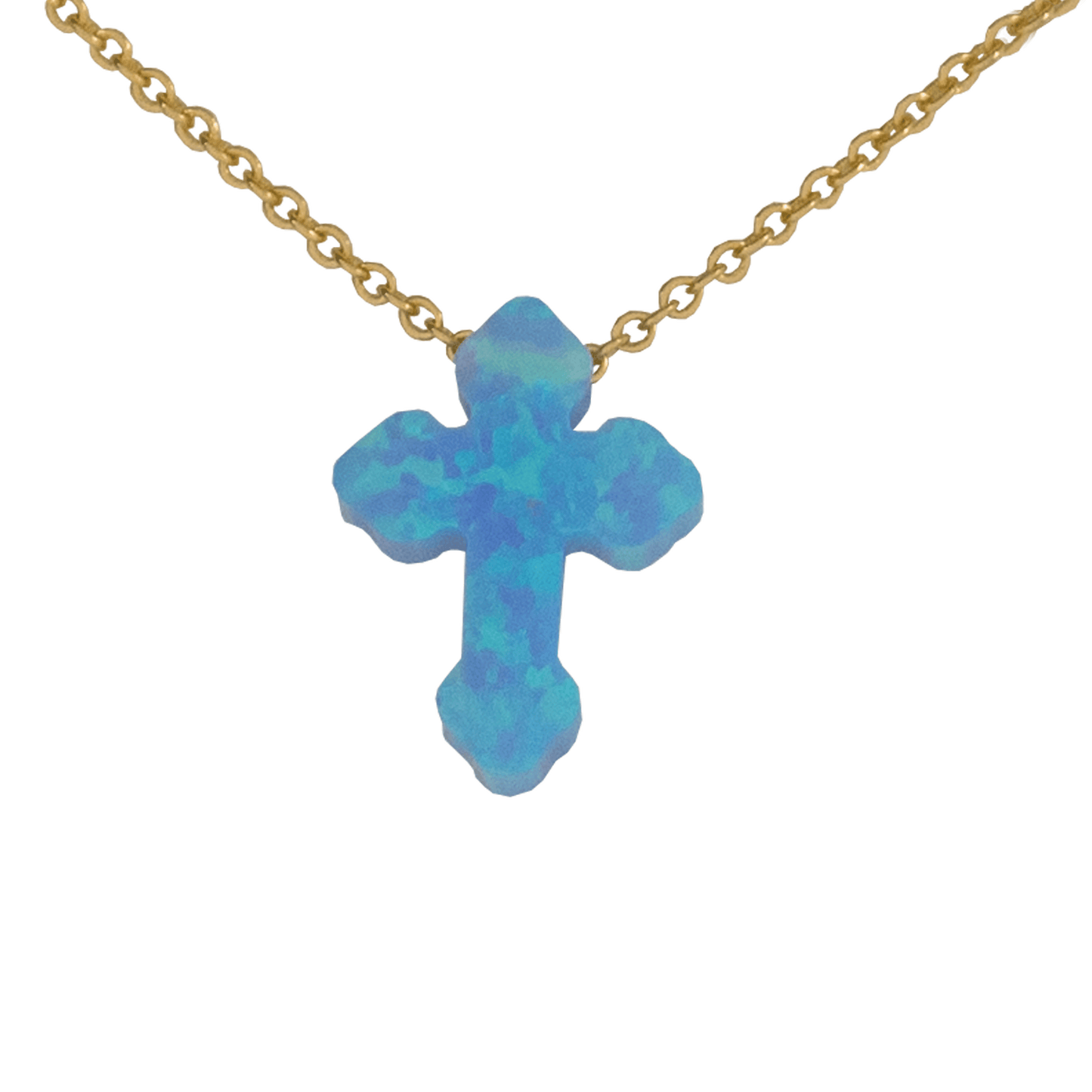 Opal Cross with rounded beveled end points on a golden chain