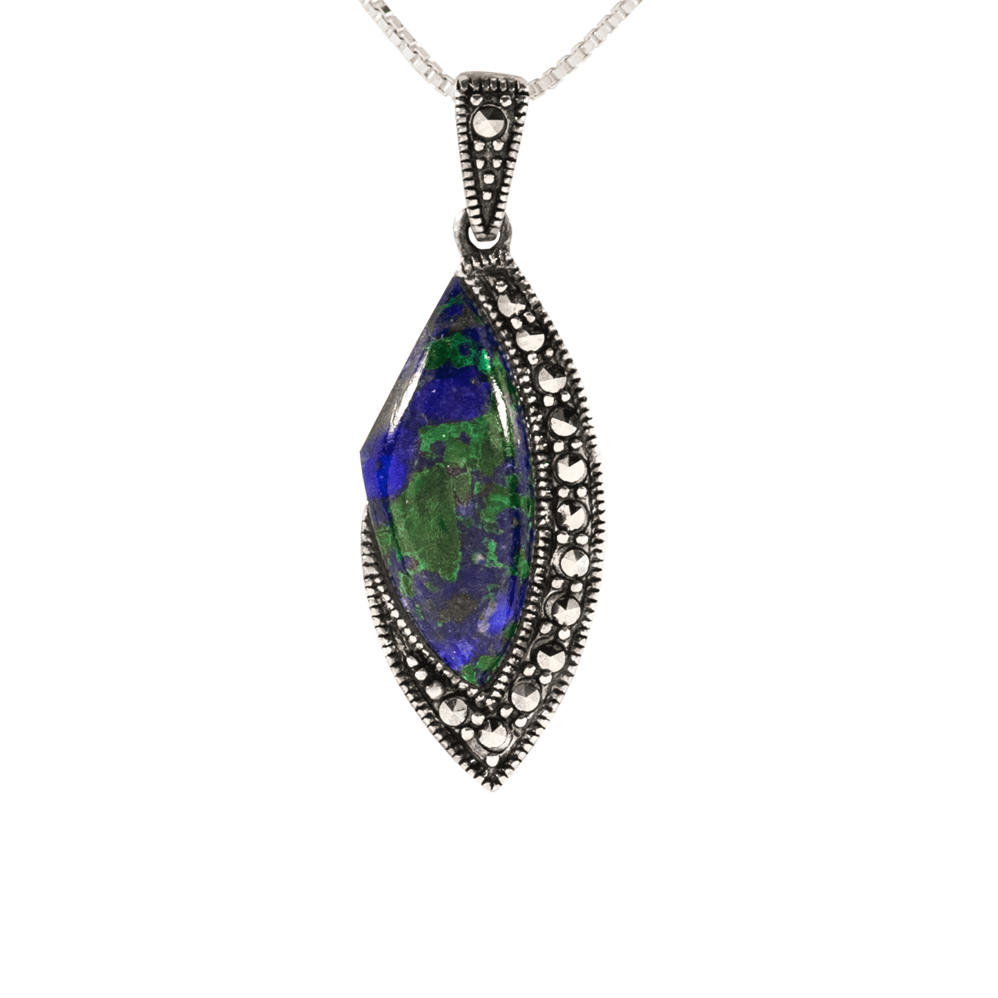 Stunning Eilat Stone with Marquise shape adorned with Marcasite Crystals.