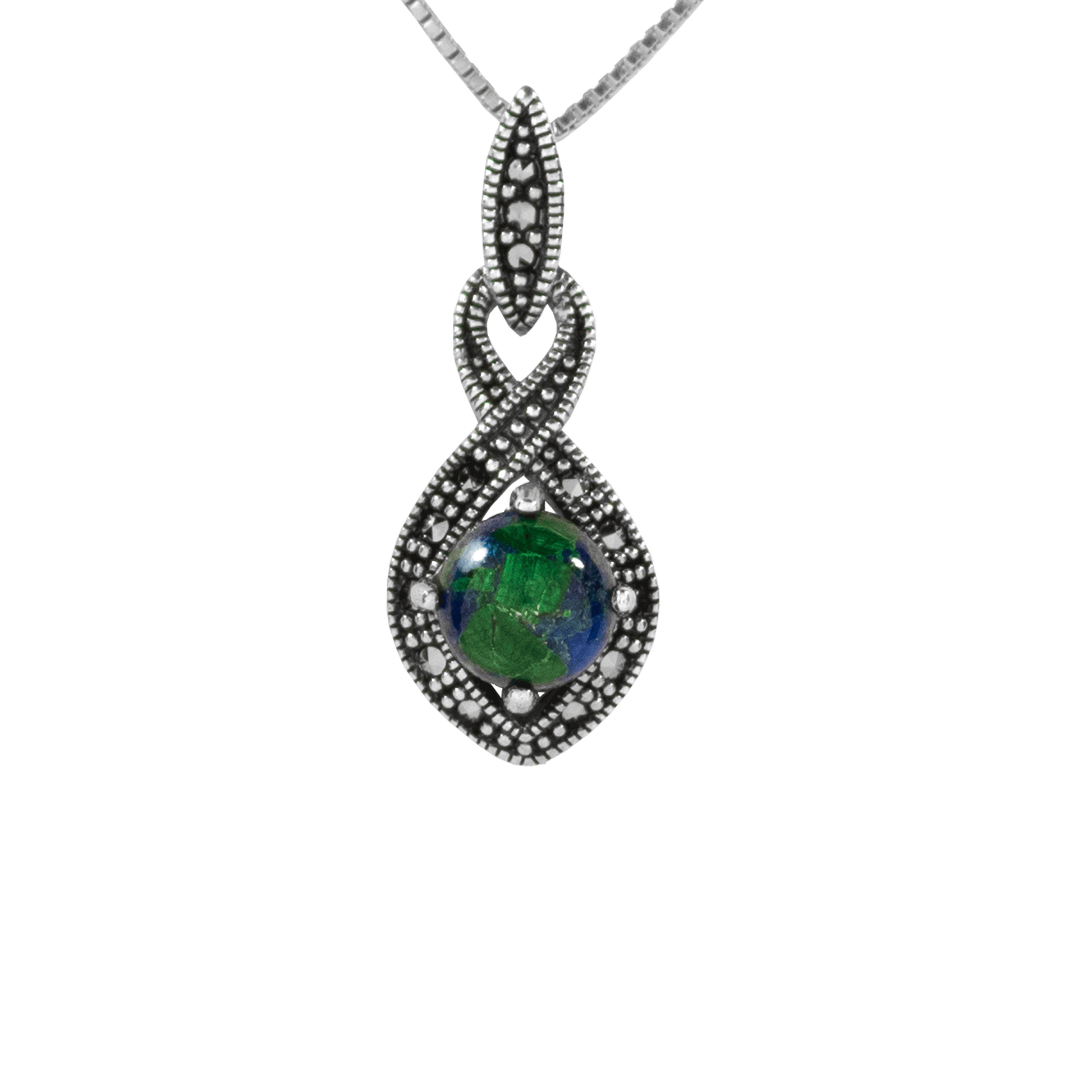Beautiful Eilat Stone held in the middle of a Marcasite Infinity Pendant on a sterling silver chain.