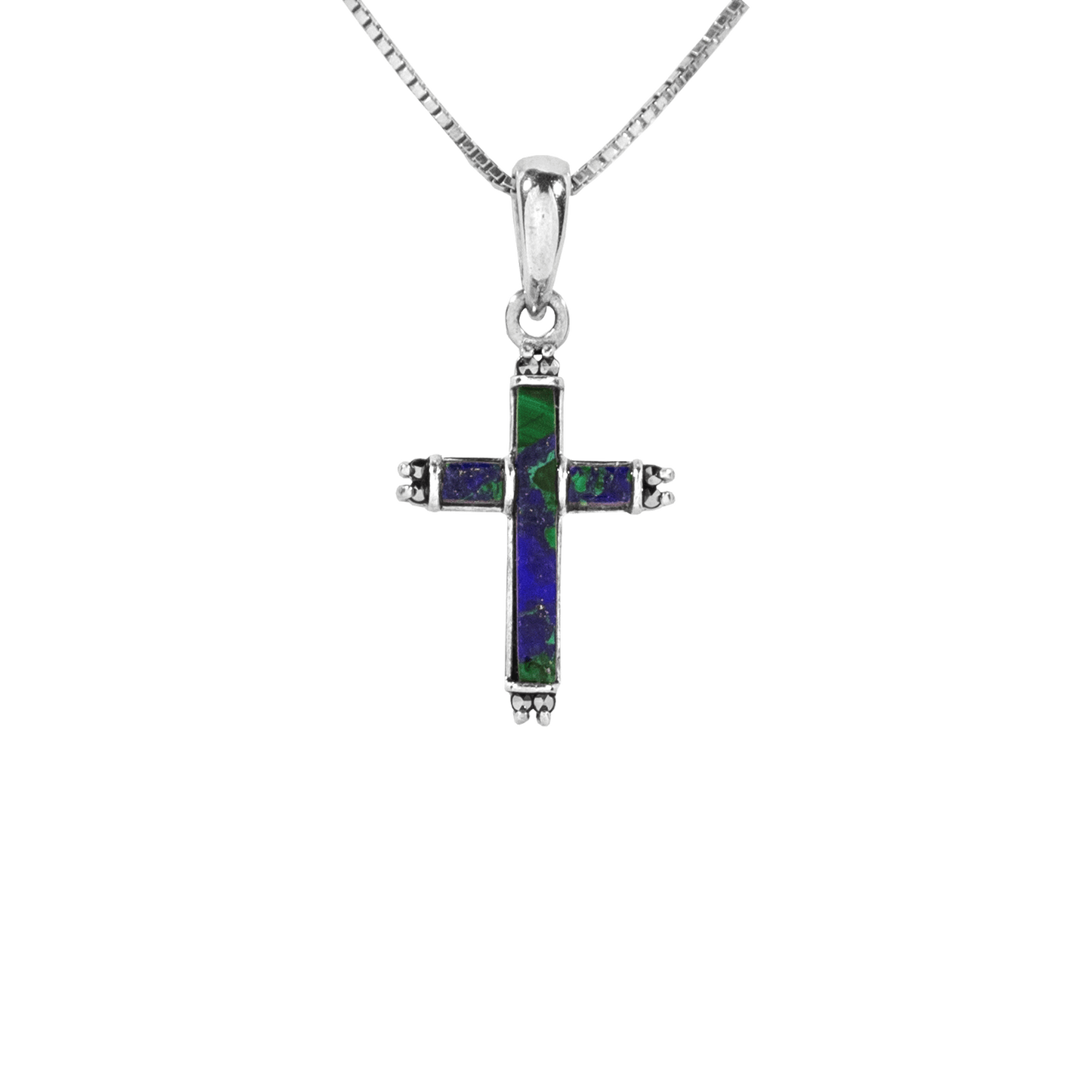 Eilat Stone Cross Necklace with Marcasite Crystals at each end of the cross on a Sterling Silver Chain.